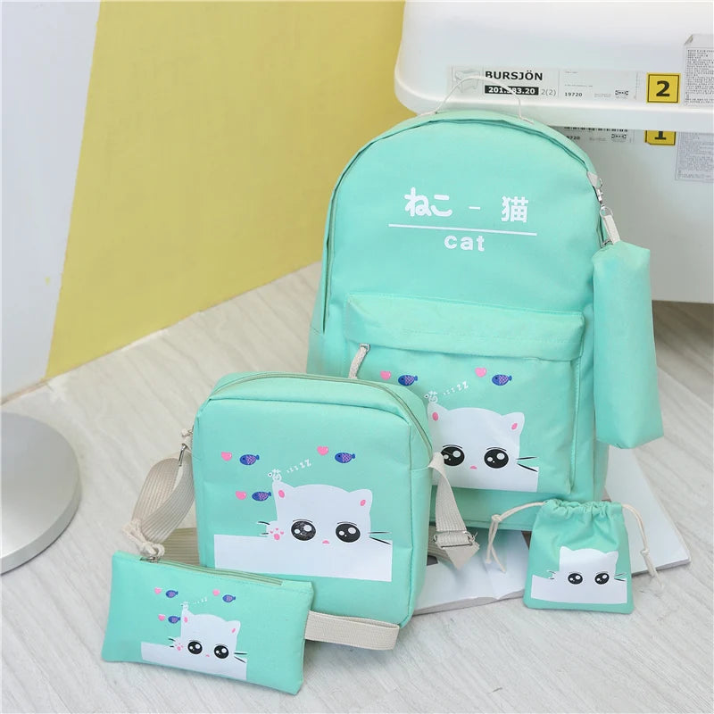 Women Backpack Cat Printing Oxford School Bags For Teenager Girls Preppy Style 5 Set/PC Rucksack Cute Book Bag Mochila Feminina