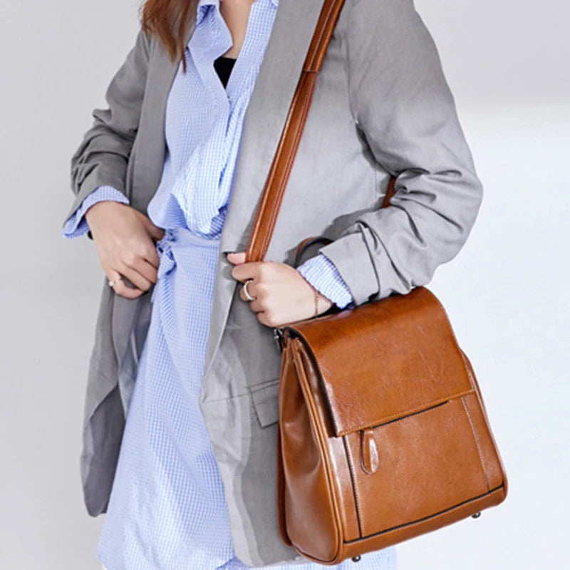 Women Backpack Cross Body Shoulder Bags Oil Wax Genuine Leather School Laptop Fashion Retro Cowhide Female Rucksack Backpacks