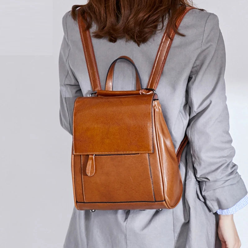 Women Backpack Cross Body Shoulder Bags Oil Wax Genuine Leather School Laptop Fashion Retro Cowhide Female Rucksack Backpacks