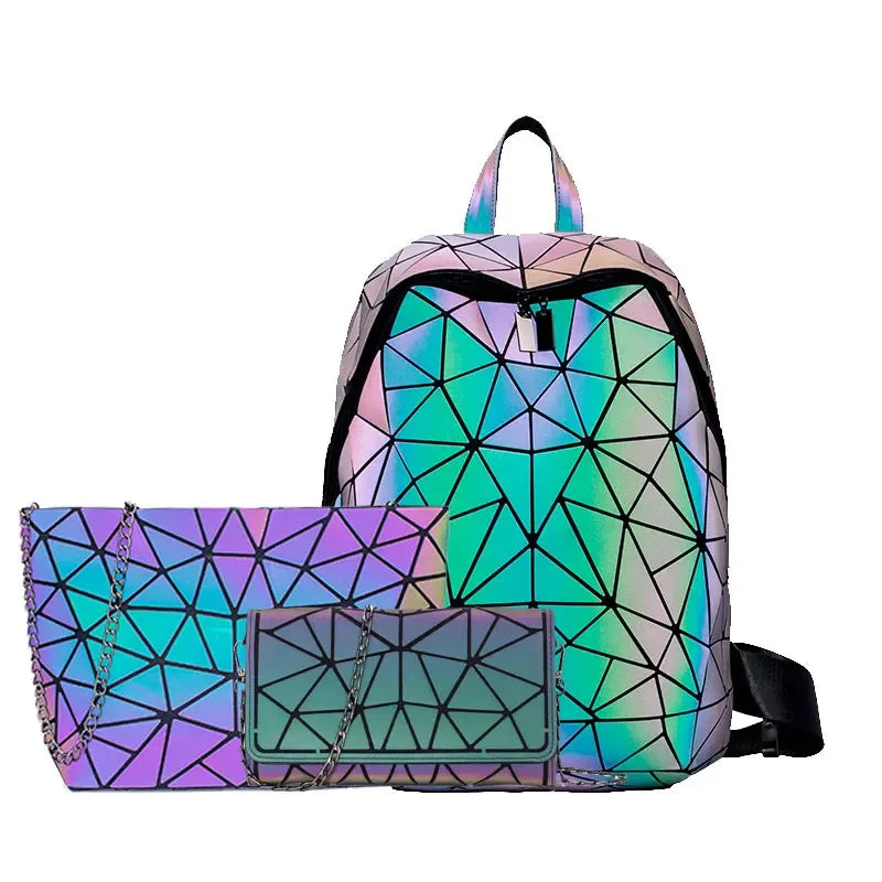Women Backpack School Foldable Crossbody Bag For Ladies Clutch And Purse Geometric Luminous Laptop Bagpack holographic 3Pcs Set