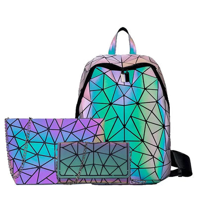 Women Backpack School Foldable Crossbody Bag For Ladies Clutch And Purse Geometric Luminous Laptop Bagpack holographic 3Pcs Set