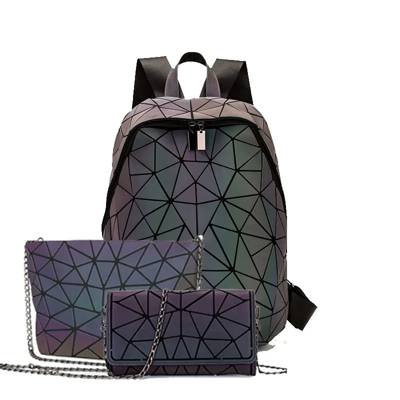 Women Backpack School Foldable Crossbody Bag For Ladies Clutch And Purse Geometric Luminous Laptop Bagpack holographic 3Pcs Set