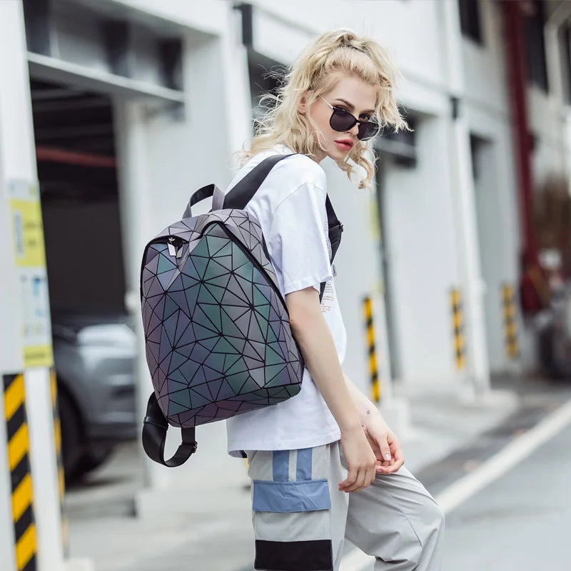 Women Backpack School Foldable Crossbody Bag For Ladies Clutch And Purse Geometric Luminous Laptop Bagpack holographic 3Pcs Set