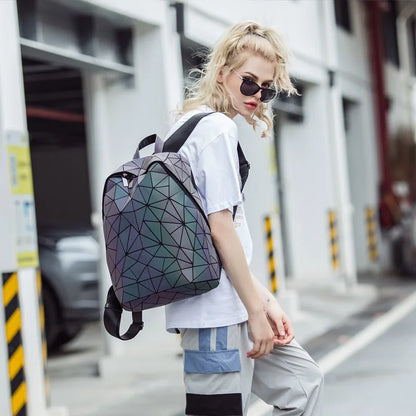 Women Backpack School Foldable Crossbody Bag For Ladies Clutch And Purse Geometric Luminous Laptop Bagpack holographic 3Pcs Set