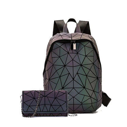 Women Backpack School Foldable Crossbody Bag For Ladies Clutch And Purse Geometric Luminous Laptop Bagpack holographic 3Pcs Set