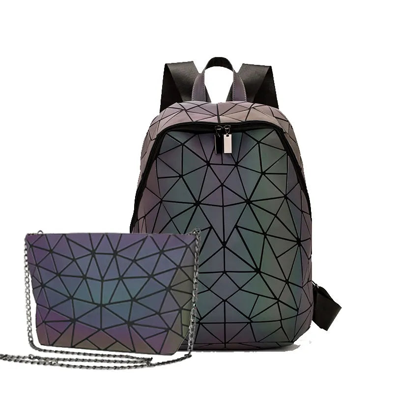 Women Backpack School Foldable Crossbody Bag For Ladies Clutch And Purse Geometric Luminous Laptop Bagpack holographic 3Pcs Set