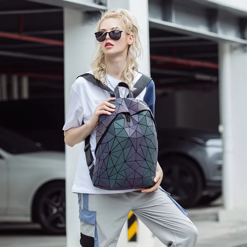 Women Backpack School Foldable Crossbody Bag For Ladies Clutch And Purse Geometric Luminous Laptop Bagpack holographic 3Pcs Set