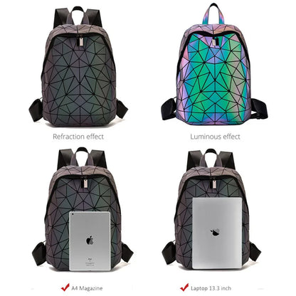Women Backpack School Foldable Crossbody Bag For Ladies Clutch And Purse Geometric Luminous Laptop Bagpack holographic 3Pcs Set