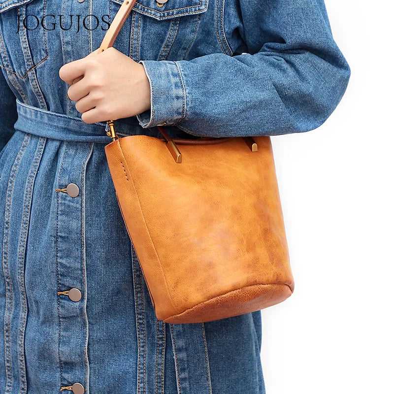 Women Bags Retro Vegetable-tanned Leather One Shoulder Bucket Bag Large Capacity Versatile Crossbody Portable Purses Clutch