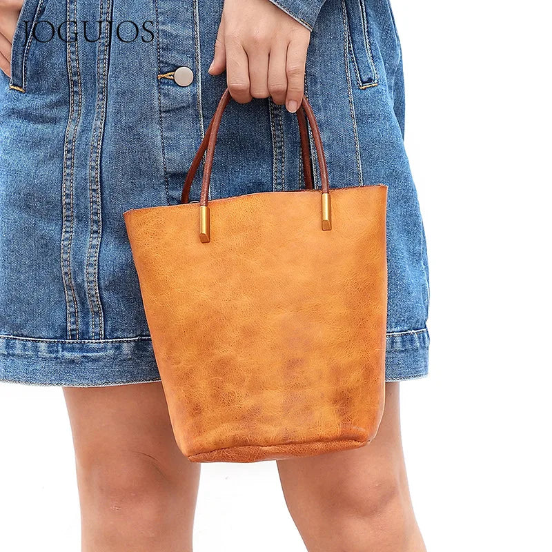 Women Bags Retro Vegetable-tanned Leather One Shoulder Bucket Bag Large Capacity Versatile Crossbody Portable Purses Clutch