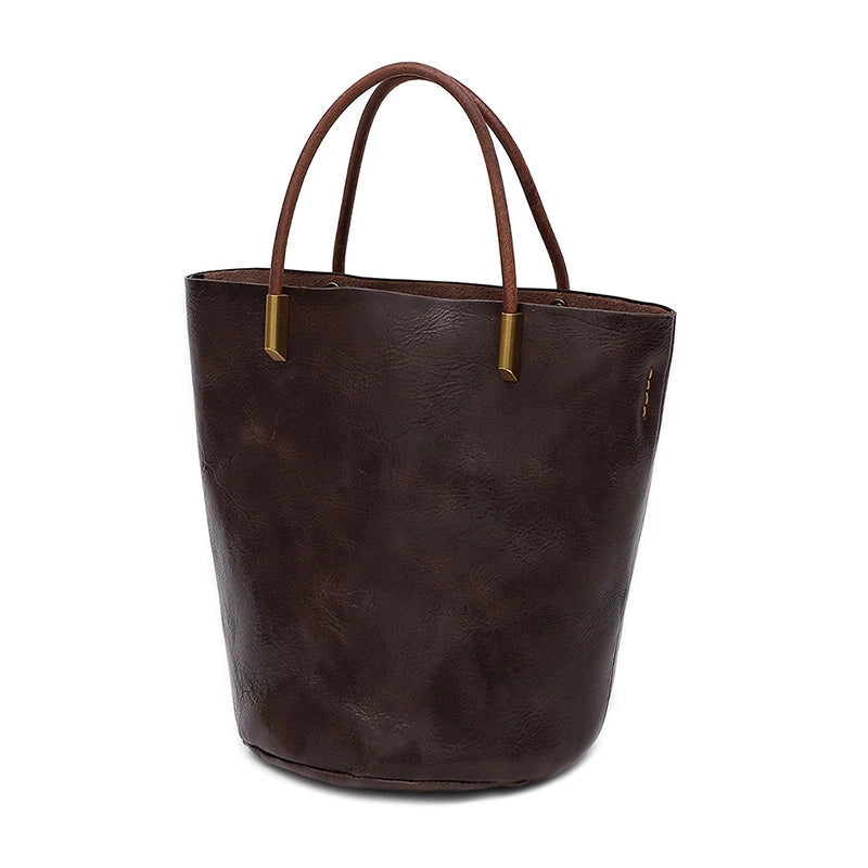 Women Bags Retro Vegetable-tanned Leather One Shoulder Bucket Bag Large Capacity Versatile Crossbody Portable Purses Clutch