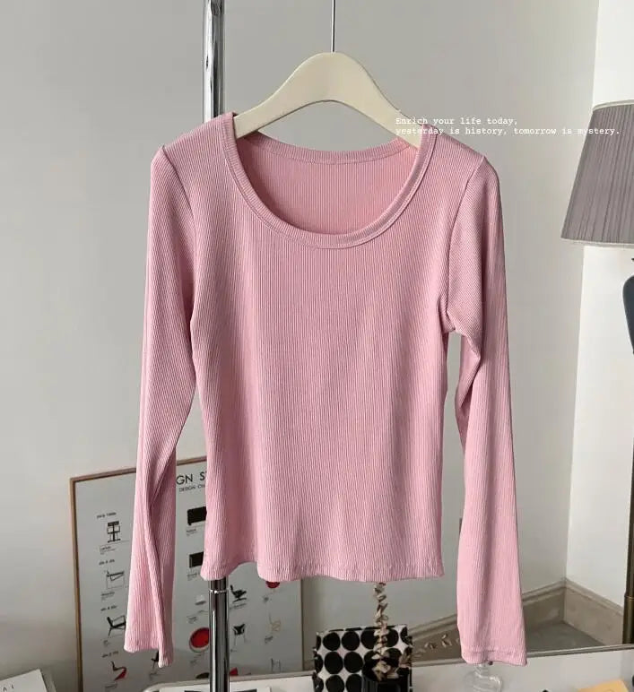 Women Basic Long Sleeve T-shirt Collars Shirt Top