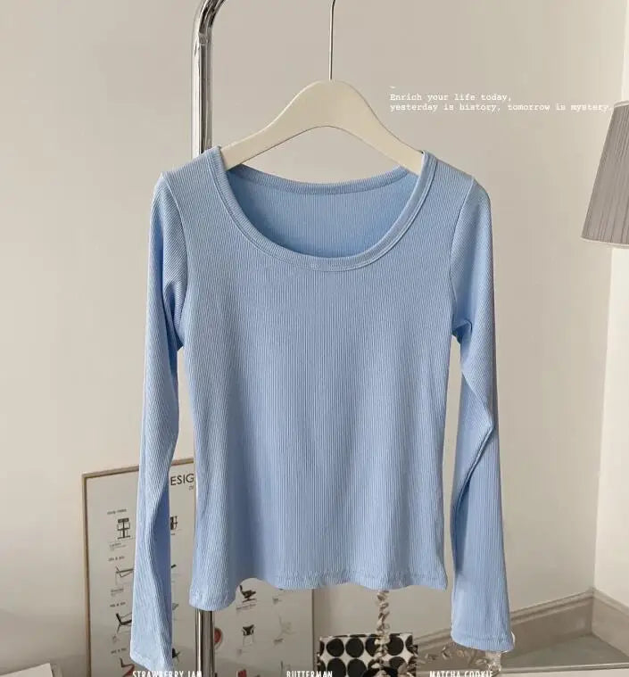 Women Basic Long Sleeve T-shirt Collars Shirt Top
