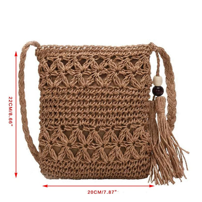Women Beach Woven Straw Shoulder Messenger Bag with Tassel Boho Hollow Out Crochet Crossbody Handbag Macrame Purse
