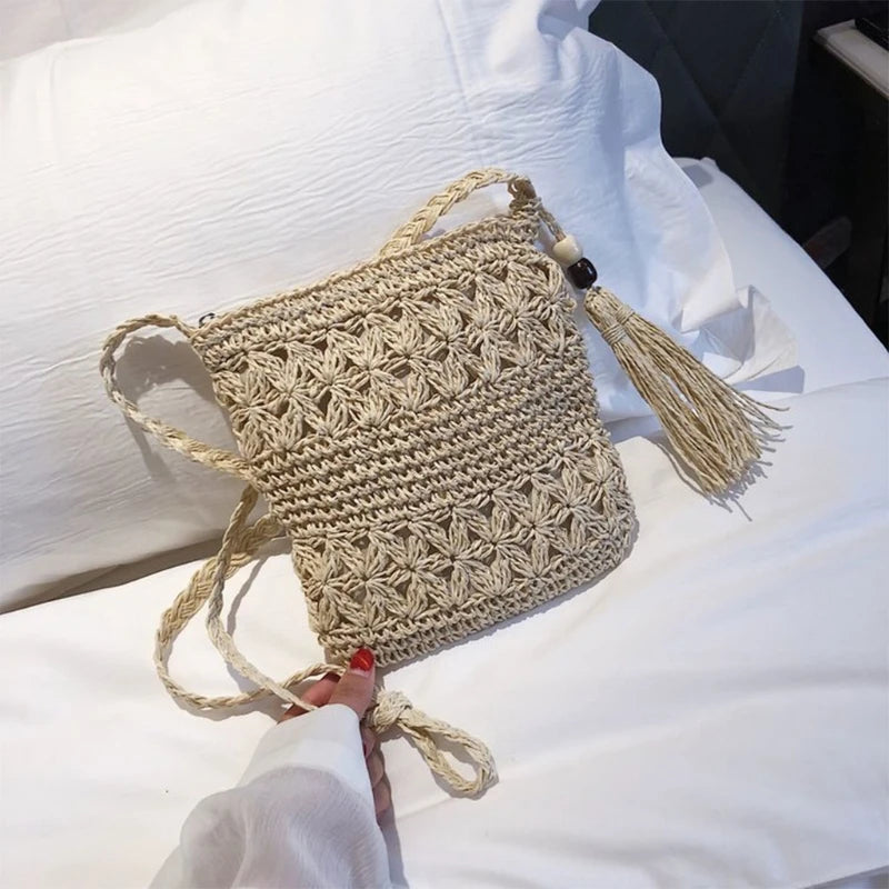 Women Beach Woven Straw Shoulder Messenger Bag with Tassel Boho Hollow Out Crochet Crossbody Handbag Macrame Purse