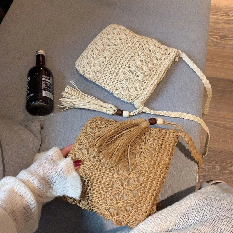 Women Beach Woven Straw Shoulder Messenger Bag with Tassel Boho Hollow Out Crochet Crossbody Handbag Macrame Purse