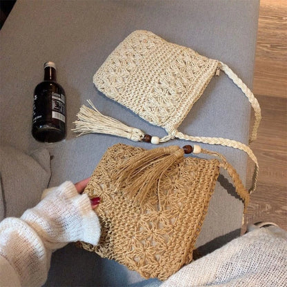 Women Beach Woven Straw Shoulder Messenger Bag with Tassel Boho Hollow Out Crochet Crossbody Handbag Macrame Purse