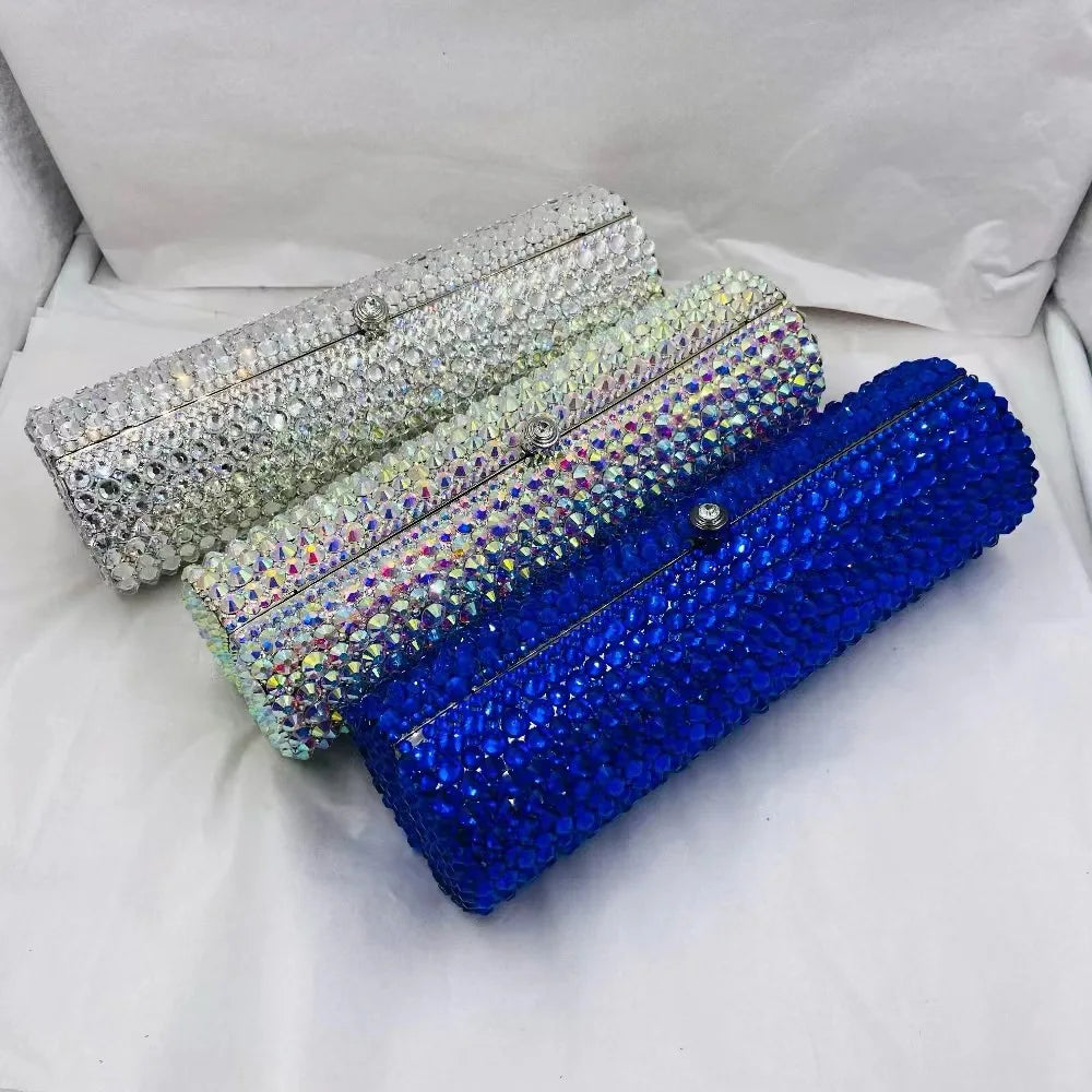 Women Blue Silver AB Diamond Crystal Handbag Luxury Dinner Party Female Girl Purse Wedding Bridal Prom Cocktail Gift Evening Bag