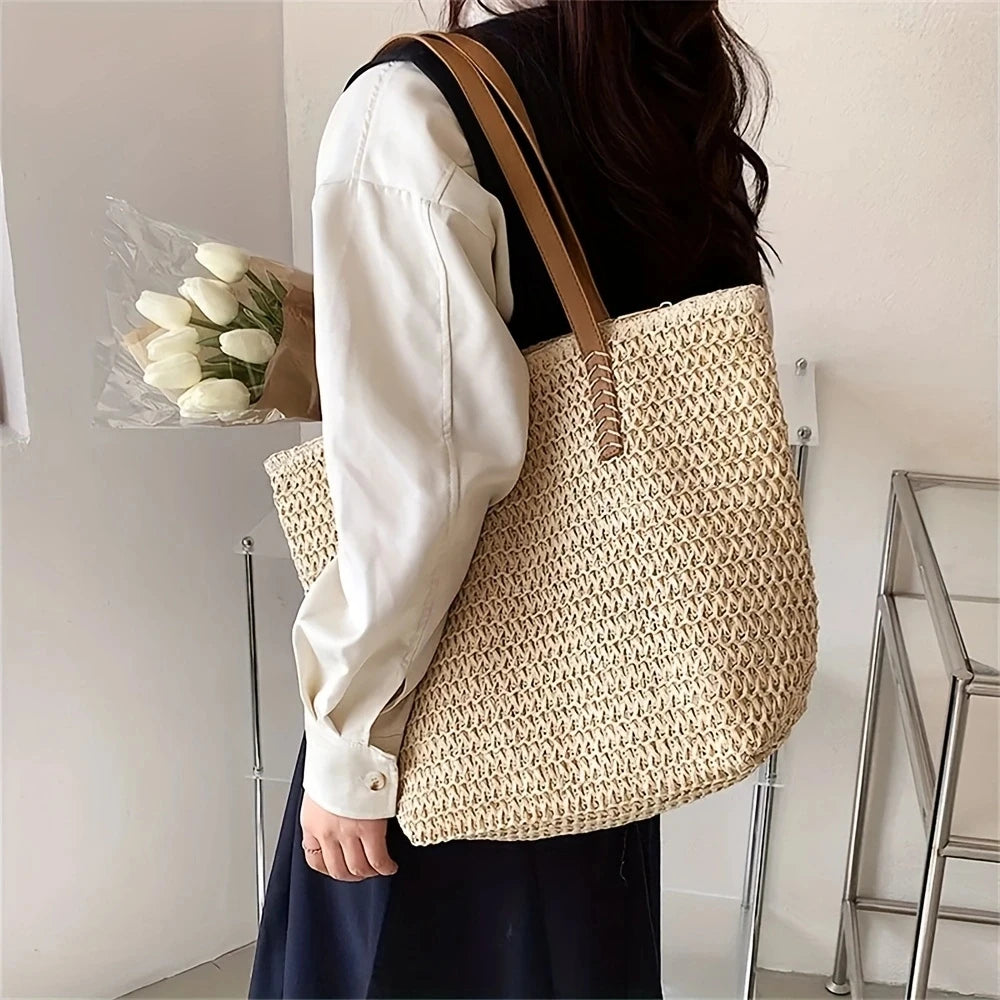 Women Bohemian Hollow Straw Beach Handabg Handmade Woven Shoulder Bag For Women Shopping Travel Bag Female Summer Casual Tote