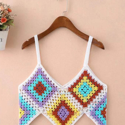 Women Boho Crochet Knit Sleeveless Camisole Multicolor Rhombus Plaid Sexy V Neck Crop Top Irregular Hem Slim Beach Vest