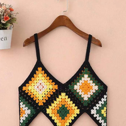 Women Boho Crochet Knit Sleeveless Camisole Multicolor Rhombus Plaid Sexy V Neck Crop Top Irregular Hem Slim Beach Vest
