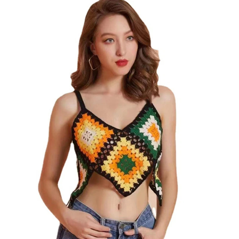 Women Boho Crochet Knit Sleeveless Camisole Multicolor Rhombus Plaid Sexy V Neck Crop Top Irregular Hem Slim Beach Vest
