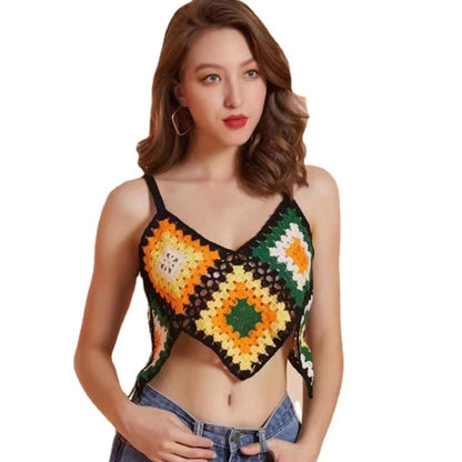 Women Boho Crochet Knit Sleeveless Camisole Multicolor Rhombus Plaid Sexy V Neck Crop Top Irregular Hem Slim Beach Vest