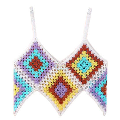 Women Boho Crochet Knit Sleeveless Camisole Multicolor Rhombus Plaid Sexy V Neck Crop Top Irregular Hem Slim Beach Vest