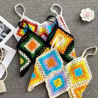Women Boho Crochet Knit Sleeveless Camisole Multicolor Rhombus Plaid Sexy V Neck Crop Top Irregular Hem Slim Beach Vest