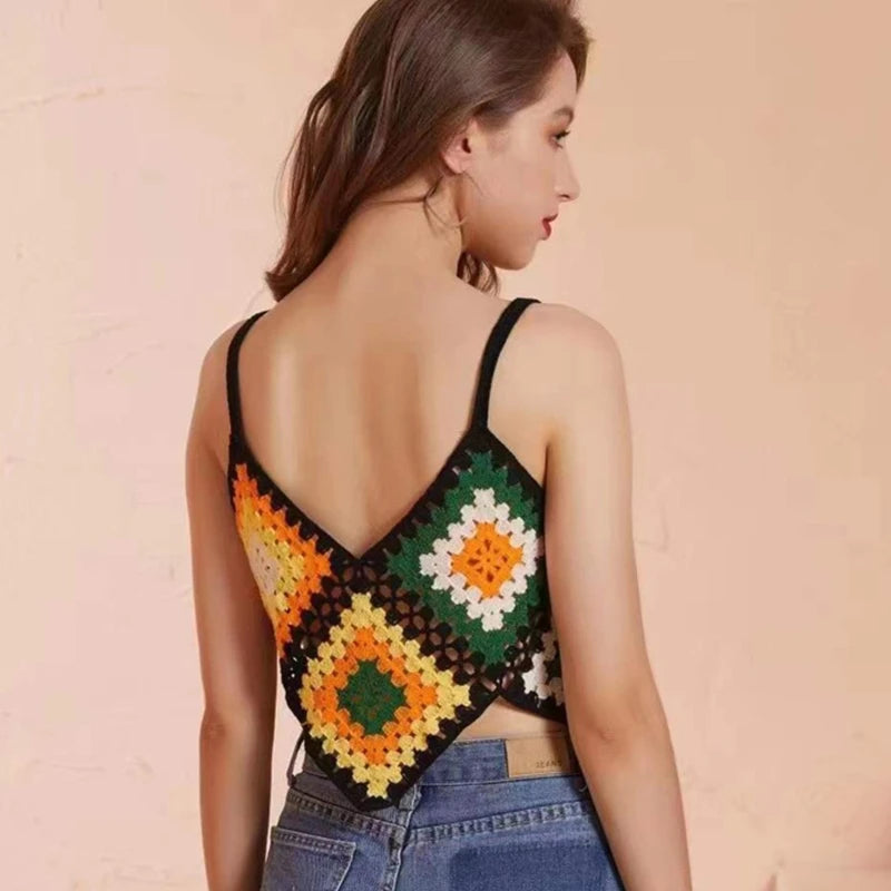 Women Boho Crochet Knit Sleeveless Camisole Multicolor Rhombus Plaid Sexy V Neck Crop Top Irregular Hem Slim Beach Vest