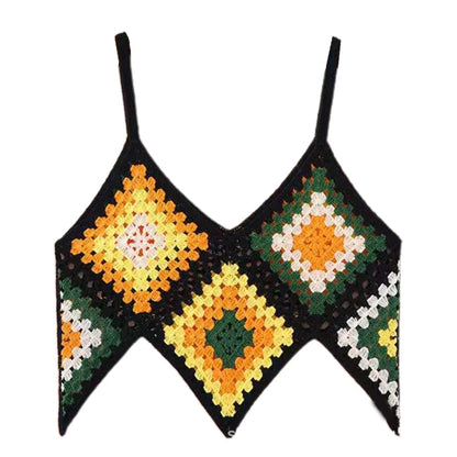 Women Boho Crochet Knit Sleeveless Camisole Multicolor Rhombus Plaid Sexy V Neck Crop Top Irregular Hem Slim Beach Vest