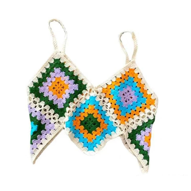 Women Boho Crochet Knit Sleeveless Camisole Multicolor Rhombus Plaid Sexy V Neck Crop Top Irregular Hem Slim Beach Vest