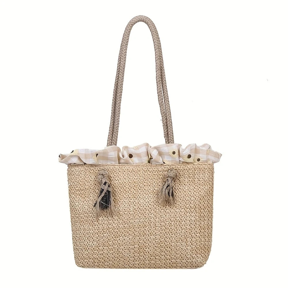 Women Bucket Straw Bags Beach Vintage Woven Shoulder Bohemian Summer Handbag Women Tote Designer Wicker Boho Straw Bag