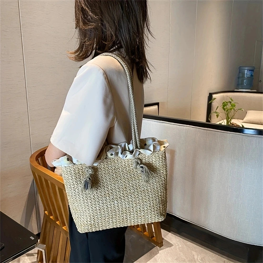 Women Bucket Straw Bags Beach Vintage Woven Shoulder Bohemian Summer Handbag Women Tote Designer Wicker Boho Straw Bag