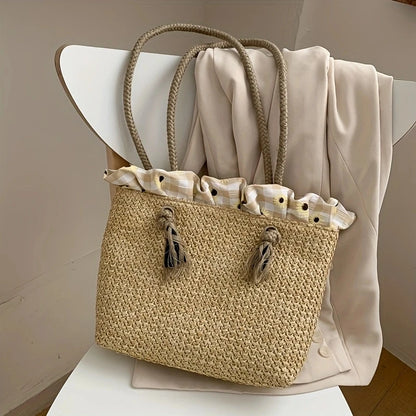 Women Bucket Straw Bags Beach Vintage Woven Shoulder Bohemian Summer Handbag Women Tote Designer Wicker Boho Straw Bag
