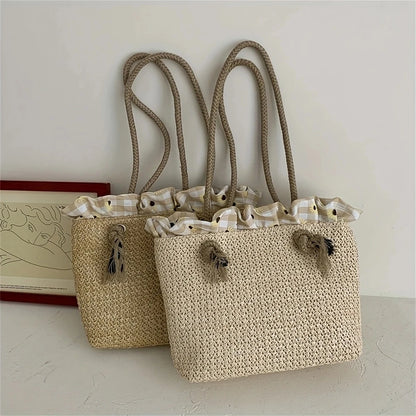 Women Bucket Straw Bags Beach Vintage Woven Shoulder Bohemian Summer Handbag Women Tote Designer Wicker Boho Straw Bag