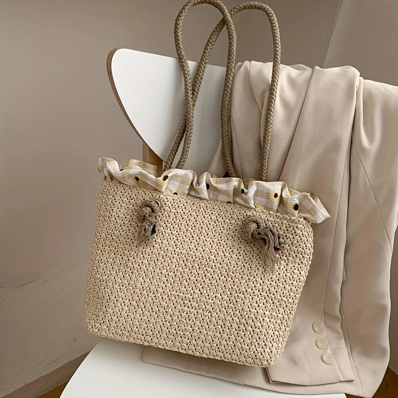 Women Bucket Straw Bags Beach Vintage Woven Shoulder Bohemian Summer Handbag Women Tote Designer Wicker Boho Straw Bag