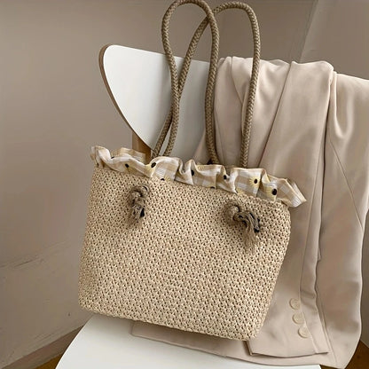 Women Bucket Straw Bags Beach Vintage Woven Shoulder Bohemian Summer Handbag Women Tote Designer Wicker Boho Straw Bag