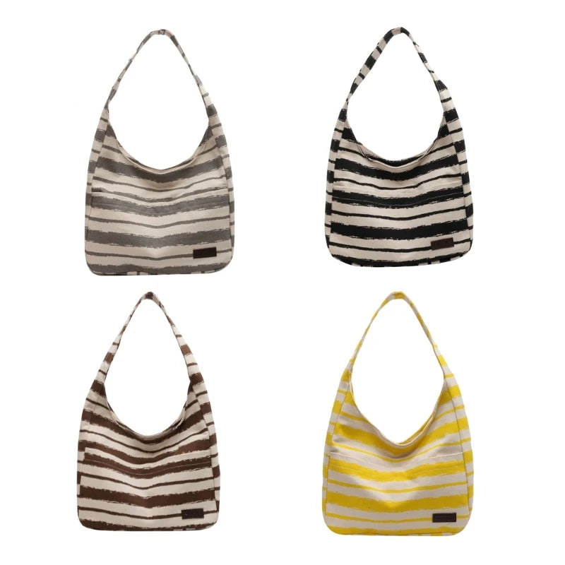 Women Canvas-Tote Bag Large Capacity Stripe Handbags Korean Style Shoulder Bag Ladies Top Handle Bag Casual Shopping Bag