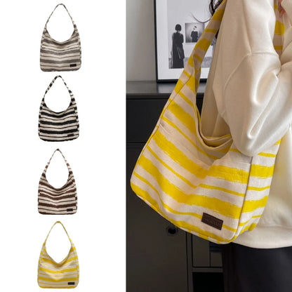 Women Canvas-Tote Bag Large Capacity Stripe Handbags Korean Style Shoulder Bag Ladies Top Handle Bag Casual Shopping Bag