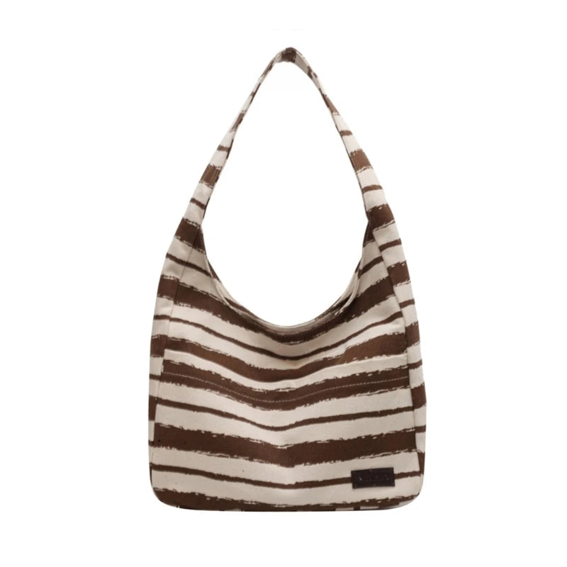 Women Canvas-Tote Bag Large Capacity Stripe Handbags Korean Style Shoulder Bag Ladies Top Handle Bag Casual Shopping Bag