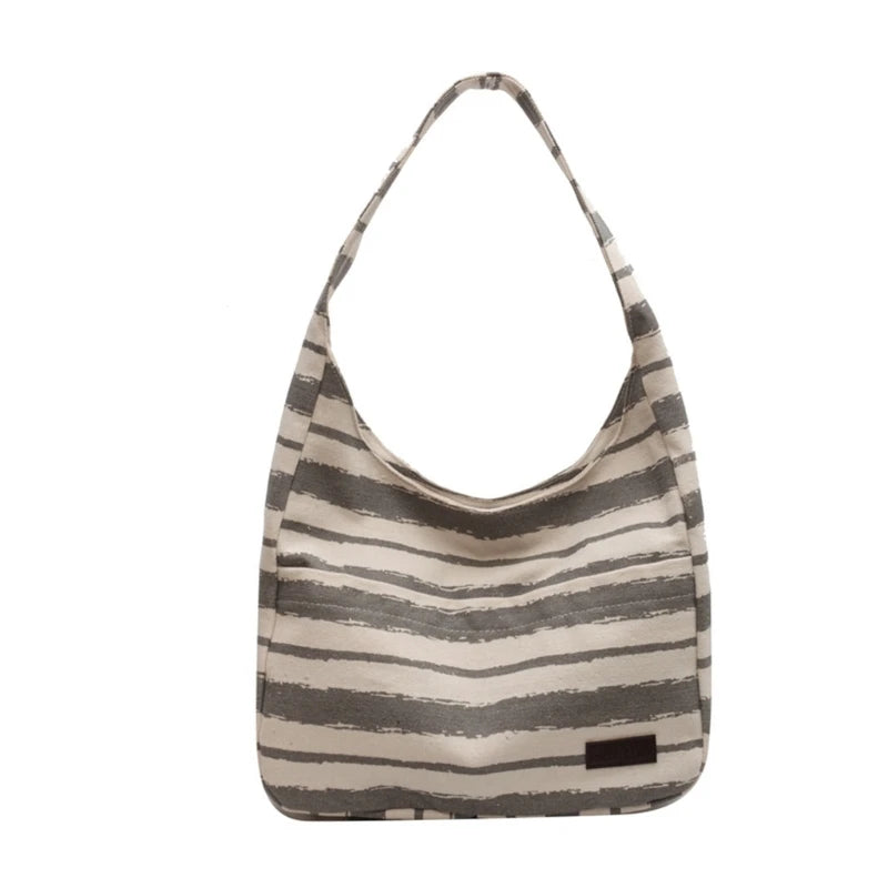 Women Canvas-Tote Bag Large Capacity Stripe Handbags Korean Style Shoulder Bag Ladies Top Handle Bag Casual Shopping Bag
