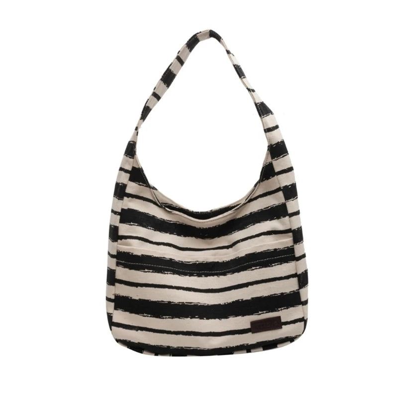 Women Canvas-Tote Bag Large Capacity Stripe Handbags Korean Style Shoulder Bag Ladies Top Handle Bag Casual Shopping Bag