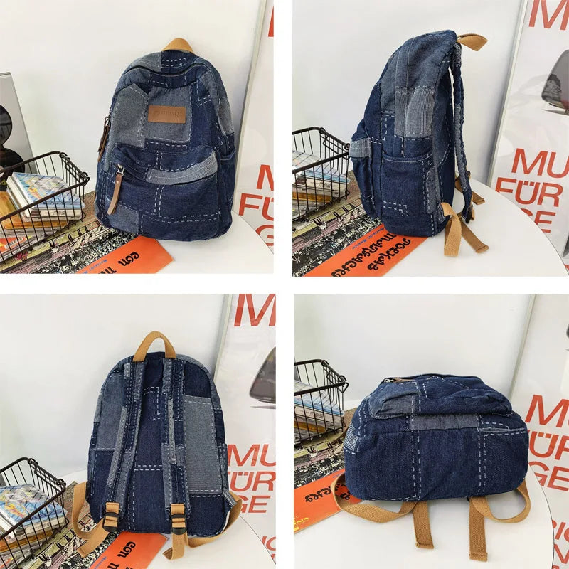 Women Canvas Vintage College Backpack Cool Lady Retro Female Laptop Book Bag Fashion Girl Patchwork Travel School Bags Trendy