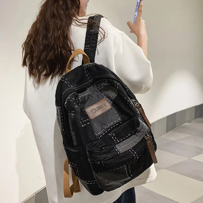 Women Canvas Vintage College Backpack Cool Lady Retro Female Laptop Book Bag Fashion Girl Patchwork Travel School Bags Trendy