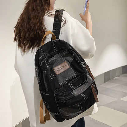 Women Canvas Vintage College Backpack Cool Lady Retro Female Laptop Book Bag Fashion Girl Patchwork Travel School Bags Trendy