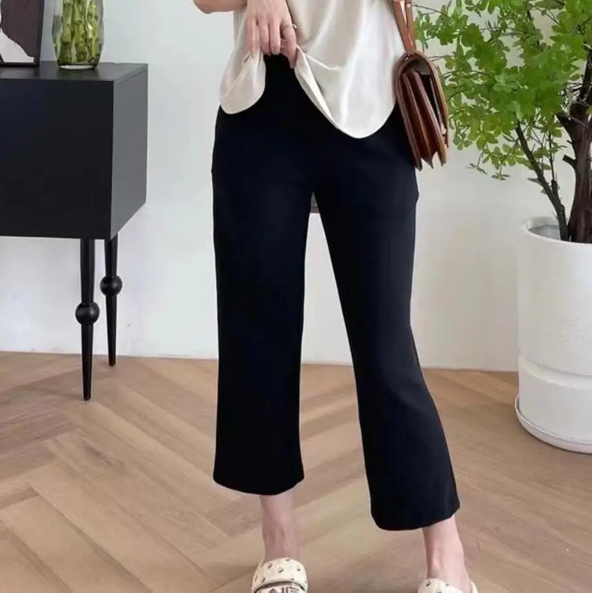 Women Capris Women Pants Solid Color Loose Double Pocket Calf-Length Pants Streetwear 24''