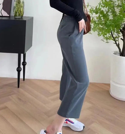 Women Capris Women Pants Solid Color Loose Double Pocket Calf-Length Pants Streetwear 24''