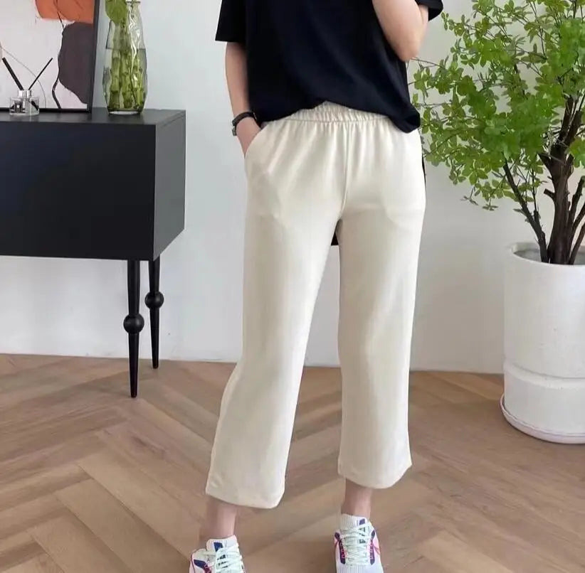 Women Capris Women Pants Solid Color Loose Double Pocket Calf-Length Pants Streetwear 24''