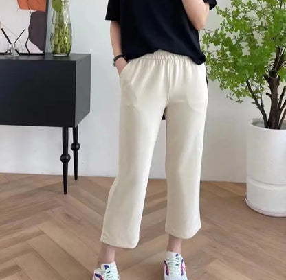 Women Capris Women Pants Solid Color Loose Double Pocket Calf-Length Pants Streetwear 24''